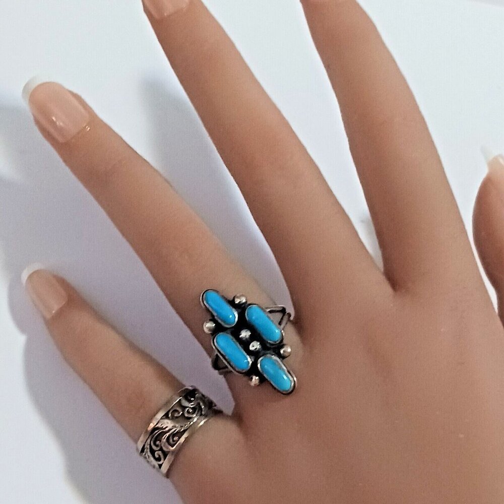 Zuni Vintage Needlepoint signed Ring sz6 Turquoise (1523) - Picture 2 of 8